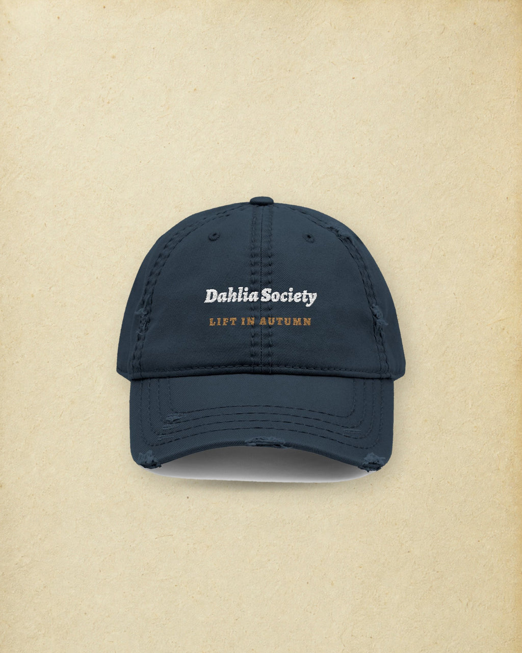 Dahlia Society Dad Hat in Dark Navy, styled
