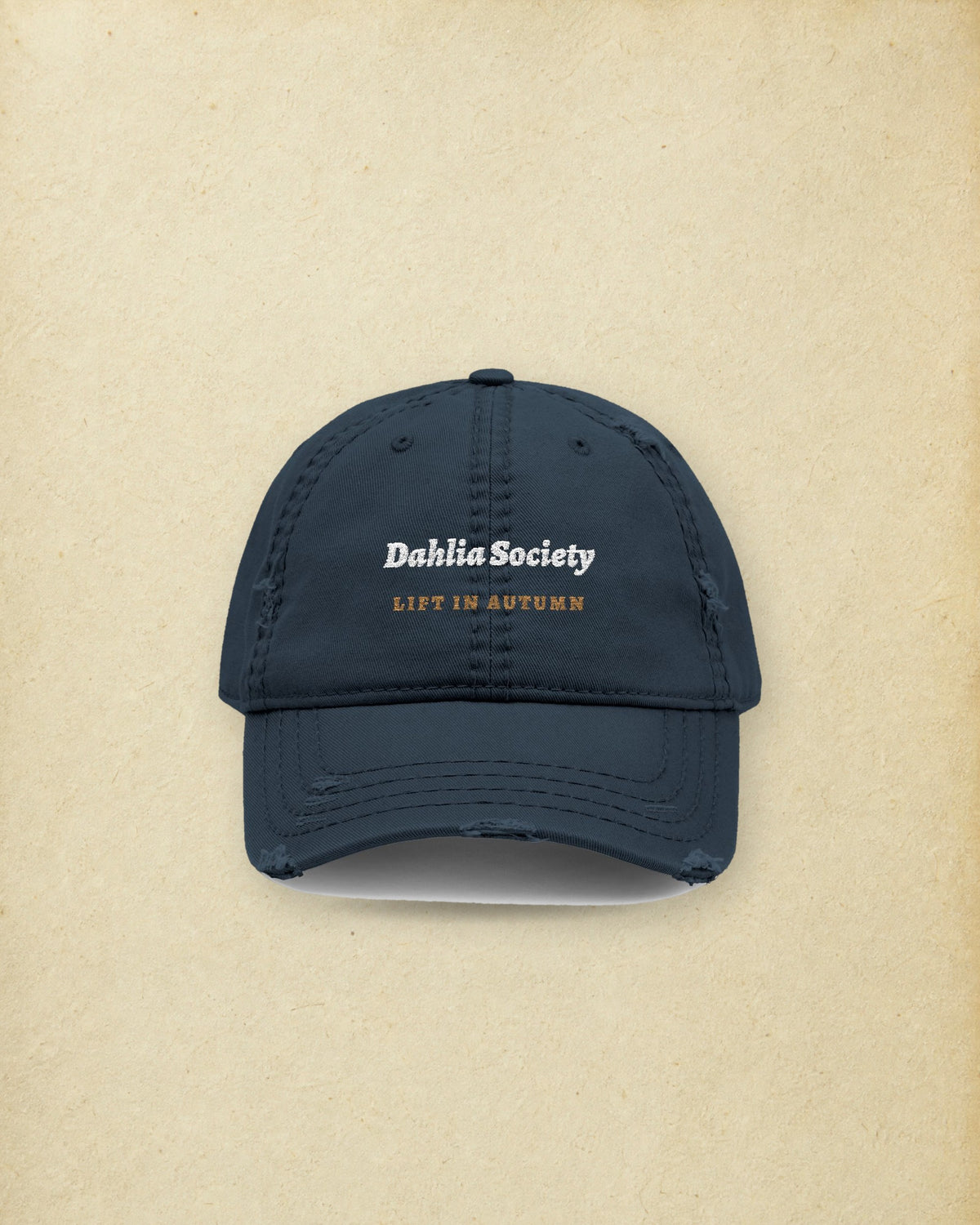 Dahlia Society Dad Hat in Dark Navy, styled