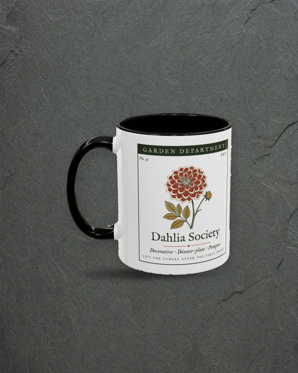 Dahlia Society Mug in Black, styled