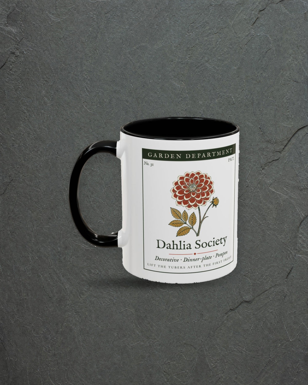 Dahlia Society Mug in Black, styled