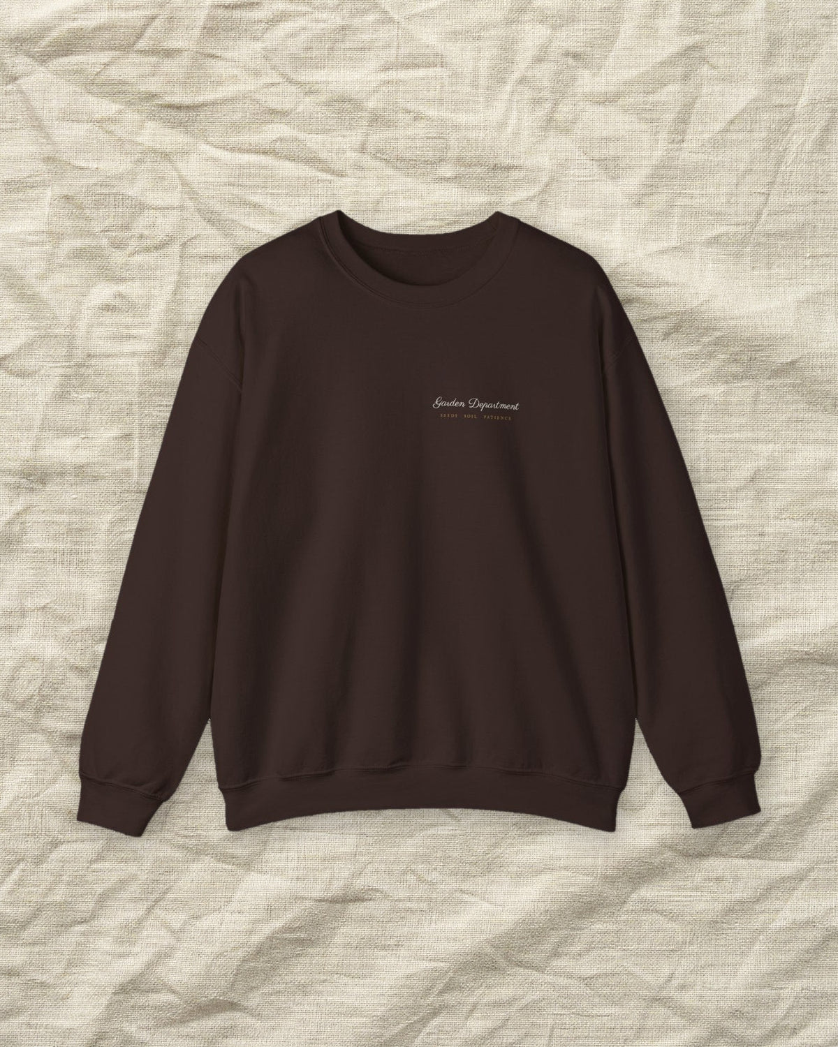 Garden Department Script Crewneck in Dark Chocolate, styled