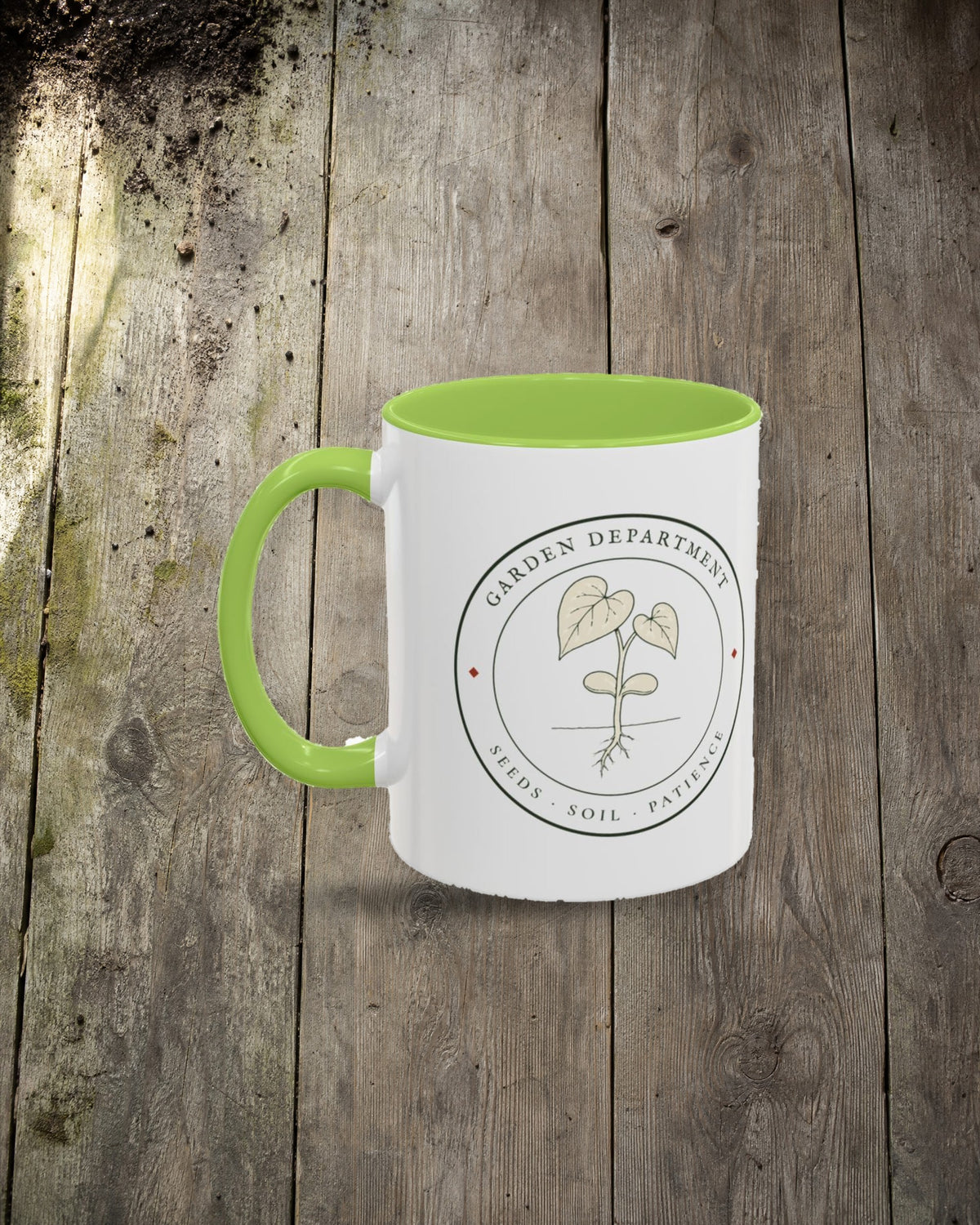 Garden Department Seal Mug in Light Green, styled