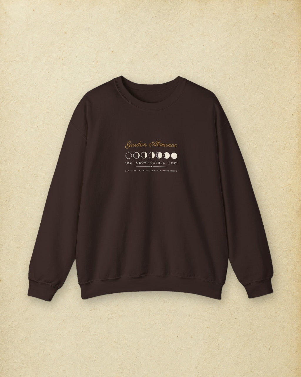 Garden Almanac Crewneck in Dark Chocolate, styled
