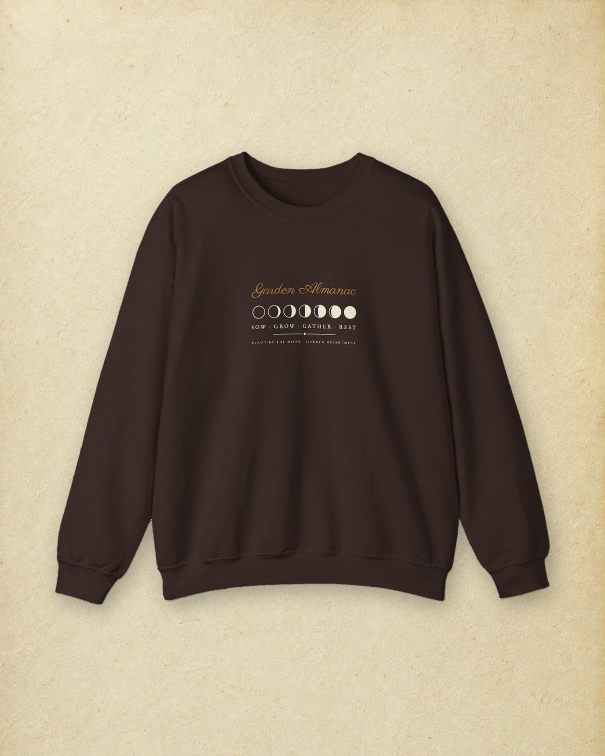 Garden Almanac Crewneck in Dark Chocolate, styled