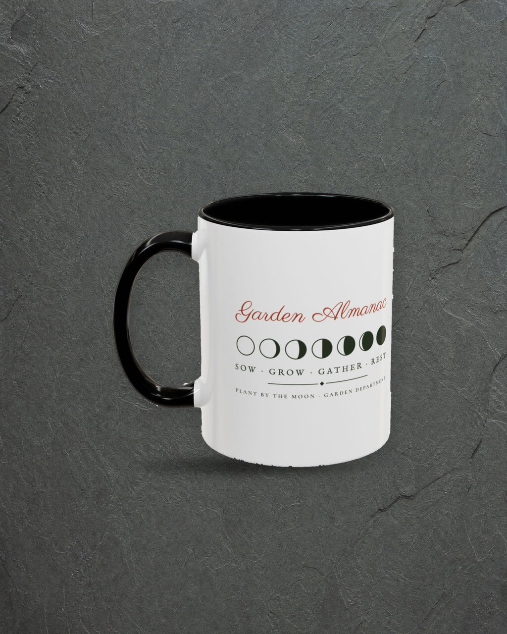 Garden Almanac Mug in Black, styled