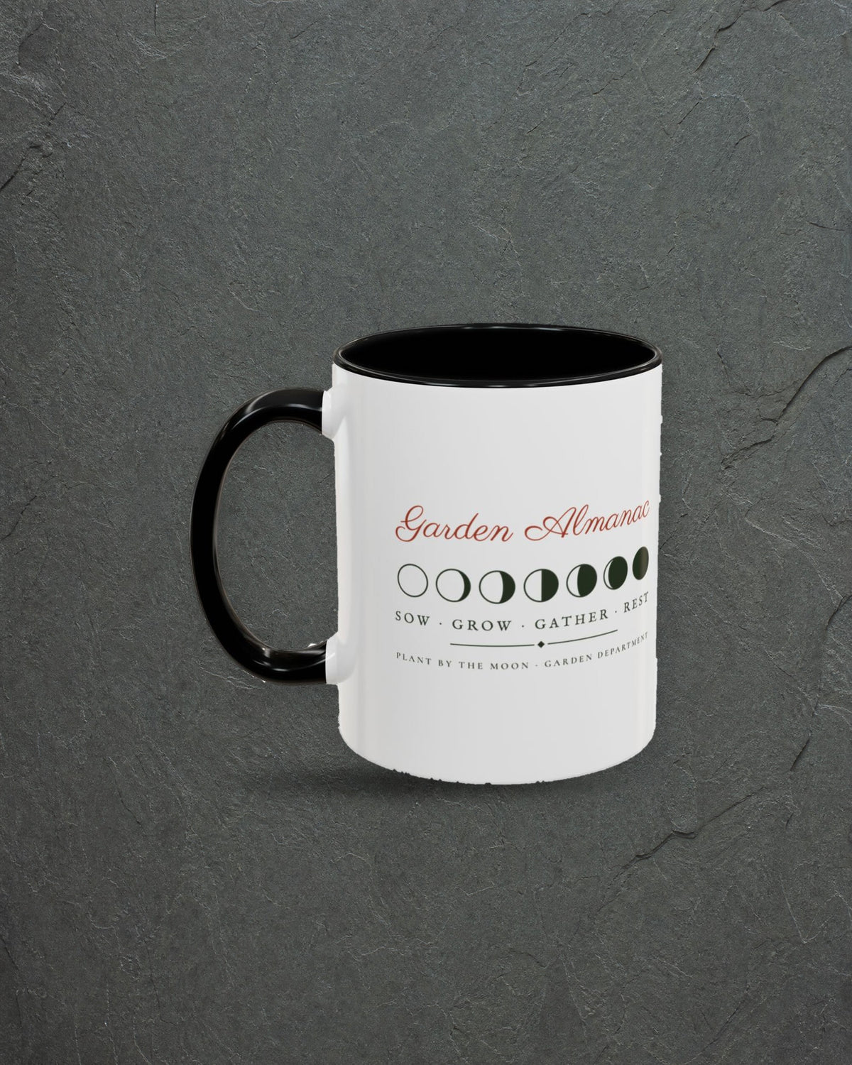 Garden Almanac Mug in Black, styled