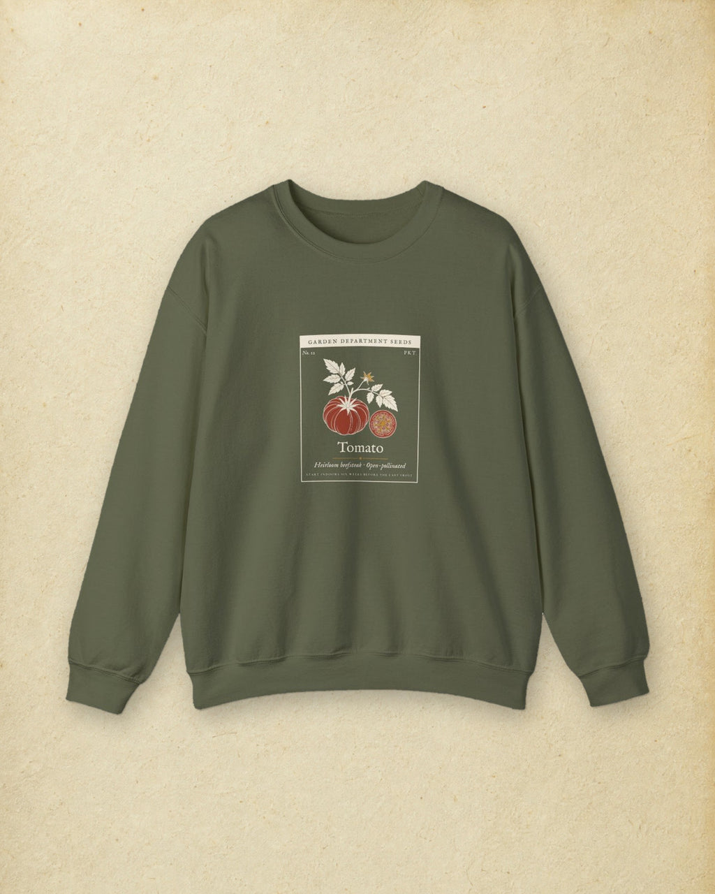 Heirloom Tomato Crewneck in Military Green, styled