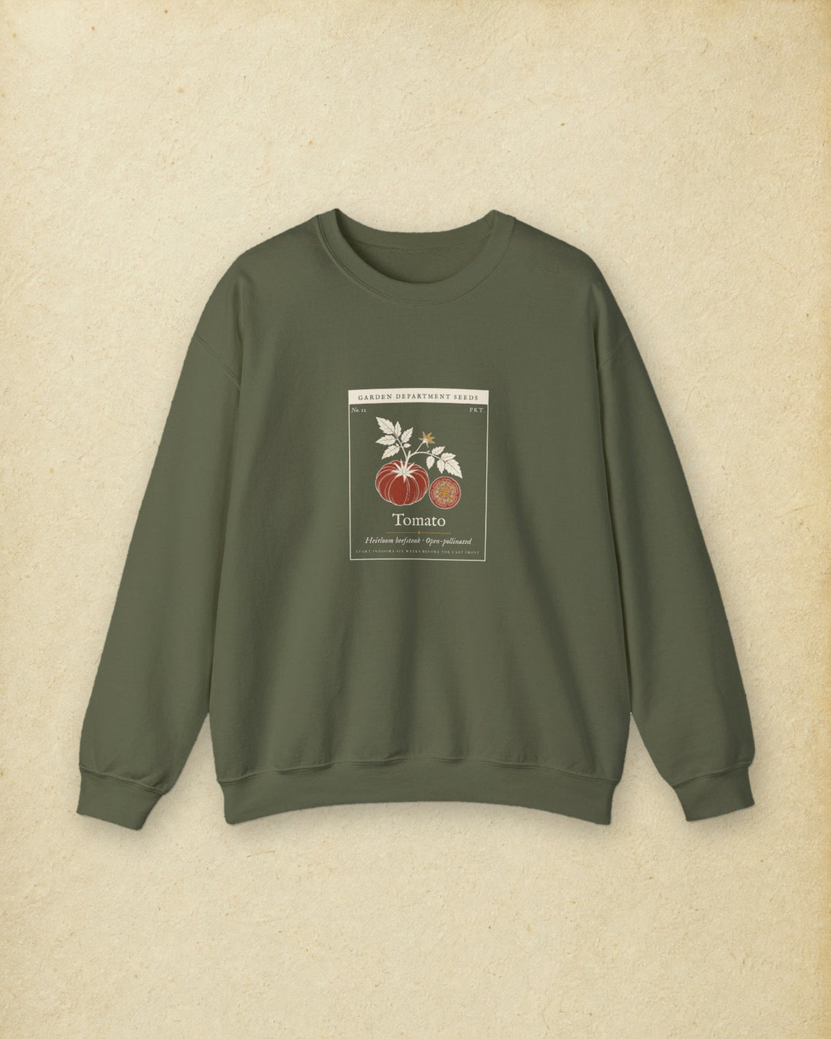 Heirloom Tomato Crewneck in Military Green, styled