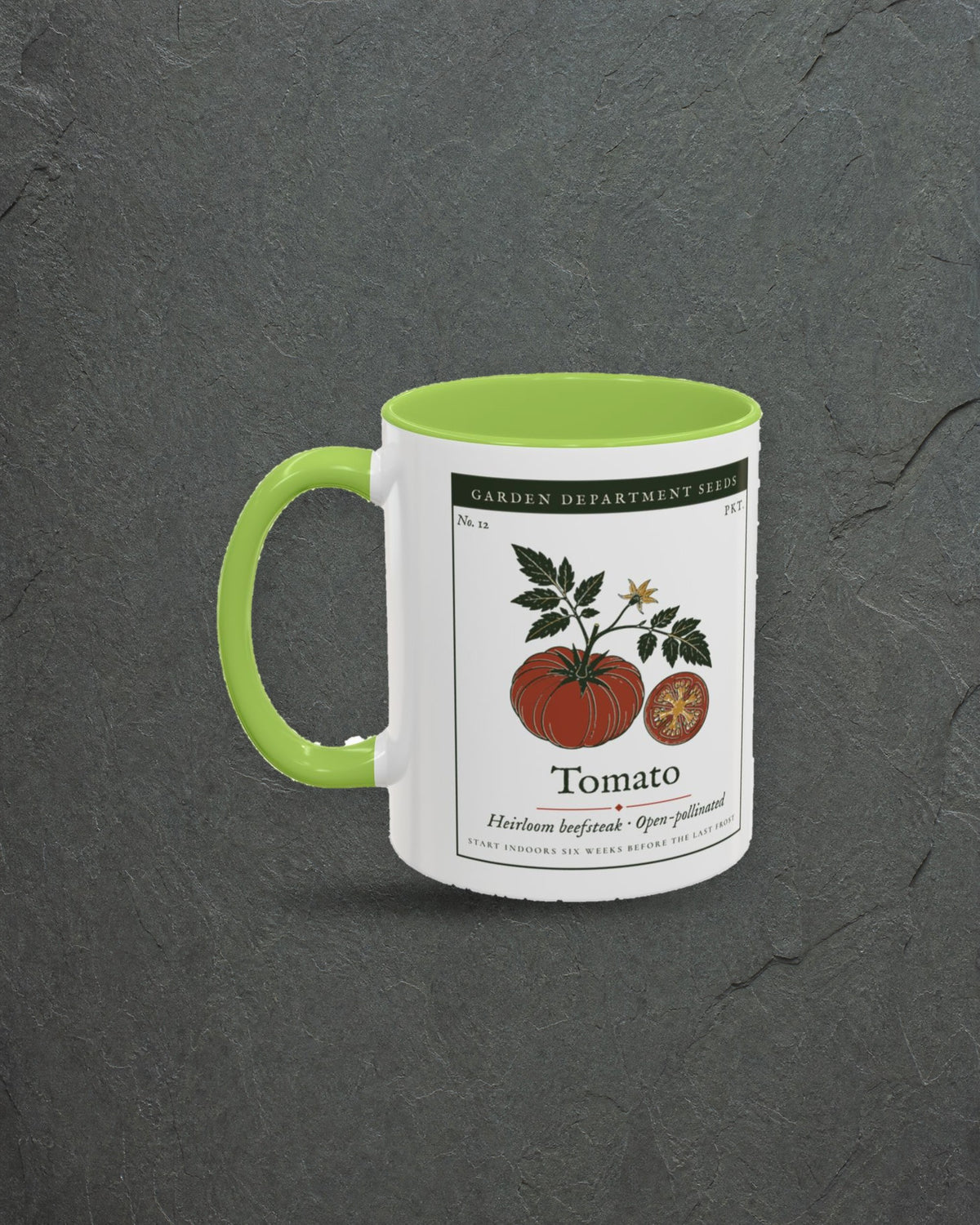 Heirloom Tomato Mug in Light Green, styled