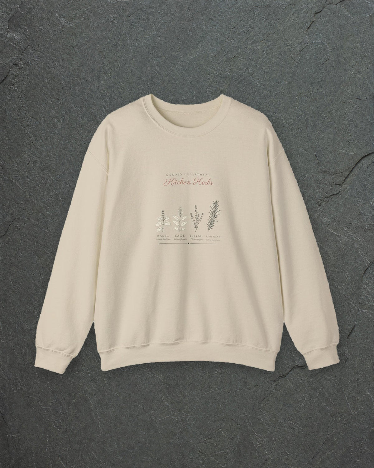 Kitchen Herbs Crewneck in Sand, styled