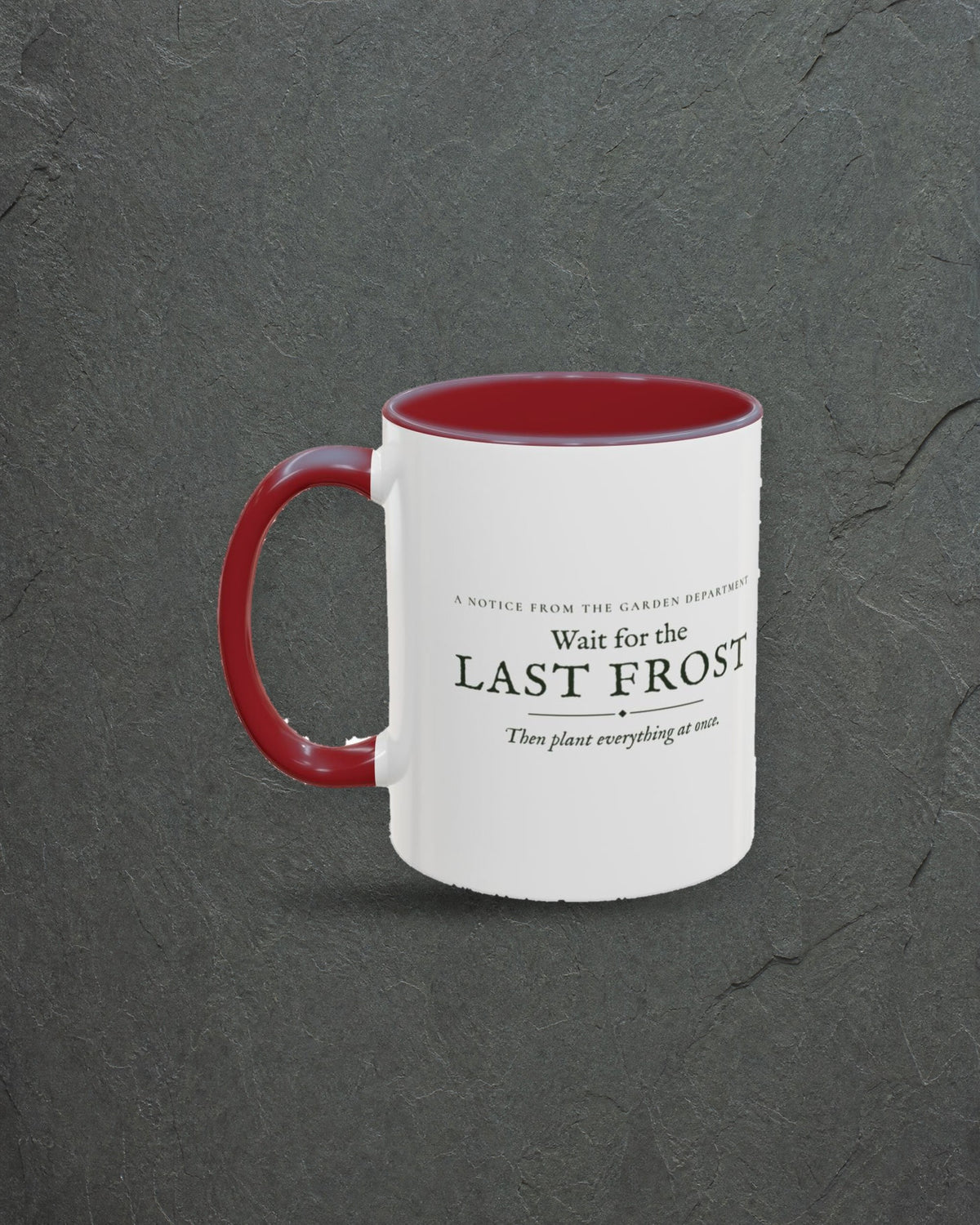 Last Frost Mug in Maroon, styled