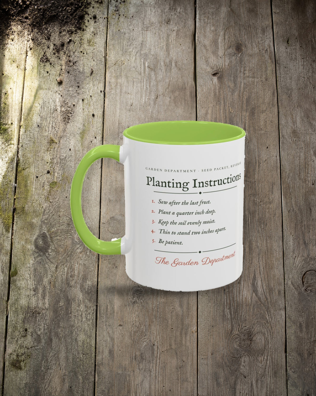 Planting Instructions Mug in Light Green, styled