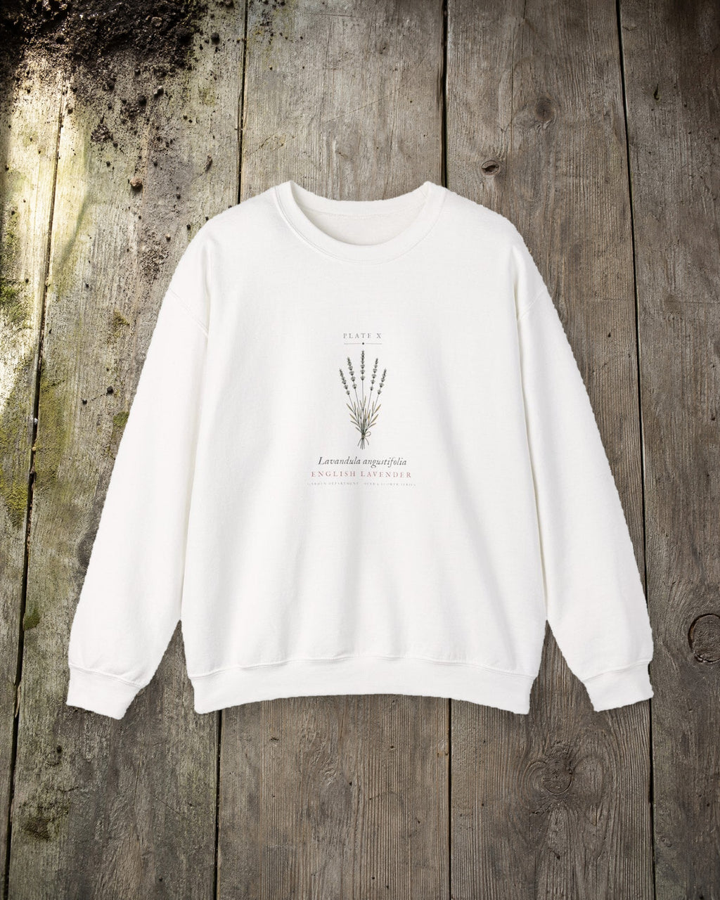 Lavender Plate Crewneck in White, styled
