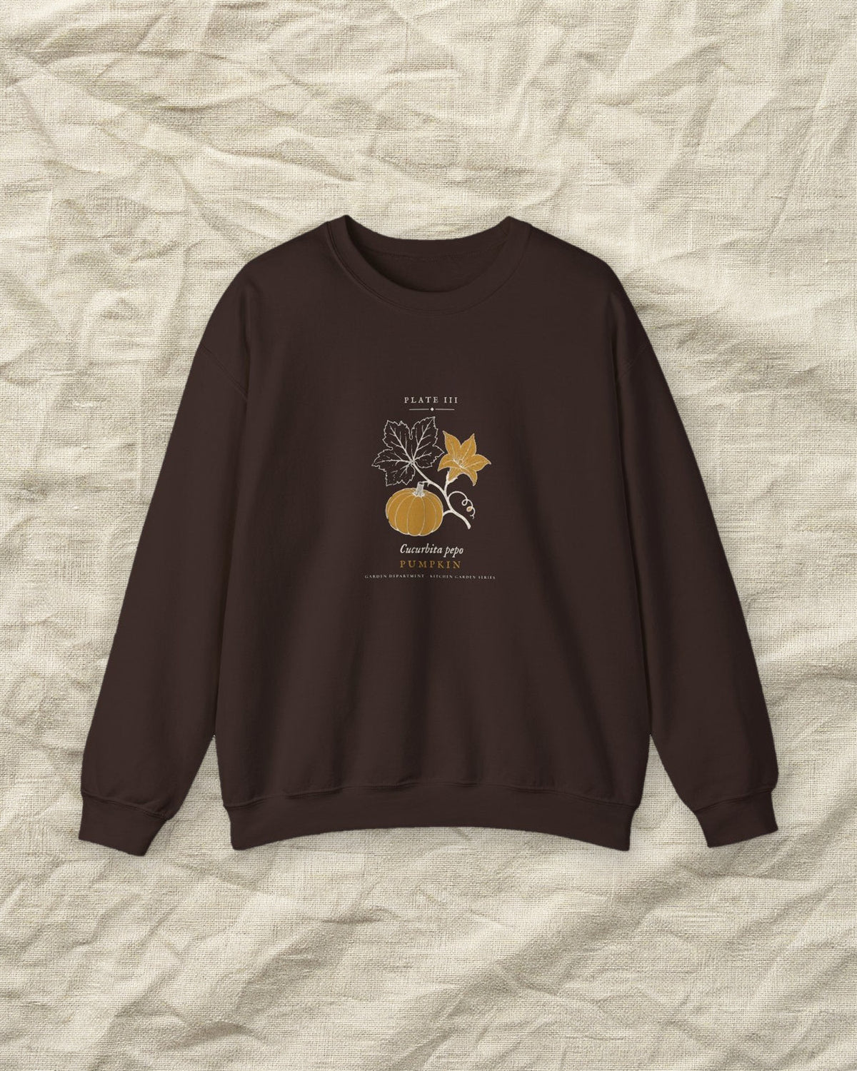 Pumpkin Plate Crewneck in Dark Chocolate, styled