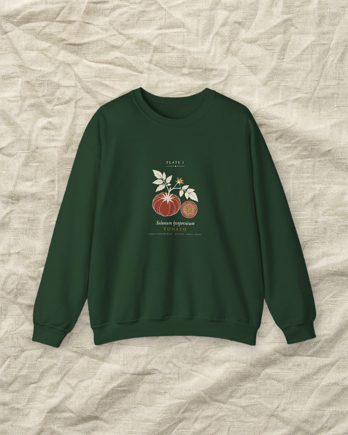 Tomato Plate Crewneck in Forest Green, styled