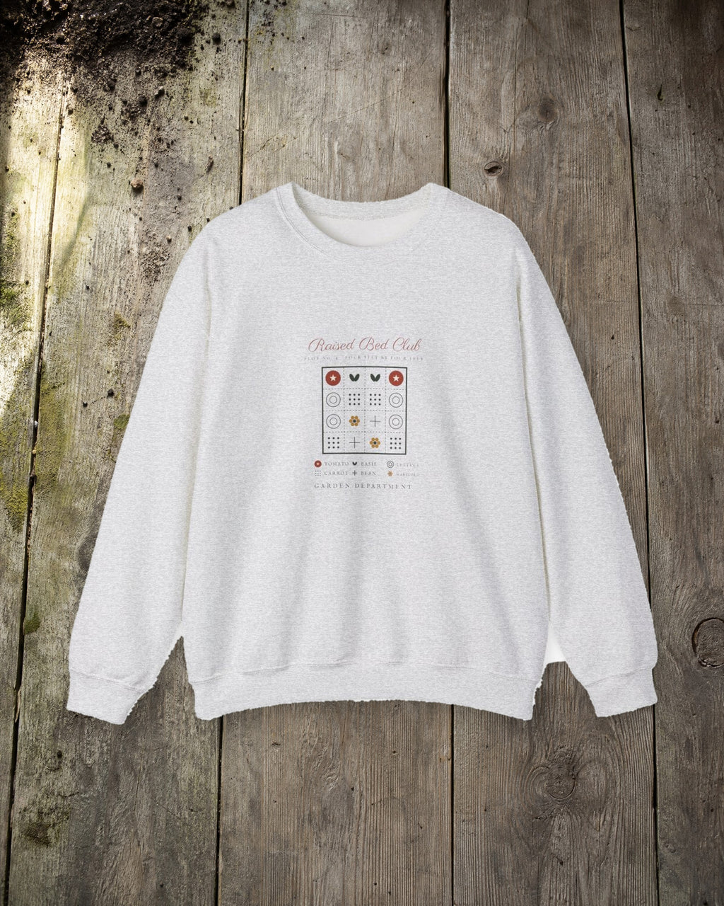 Raised Bed Club Crewneck in Ash, styled