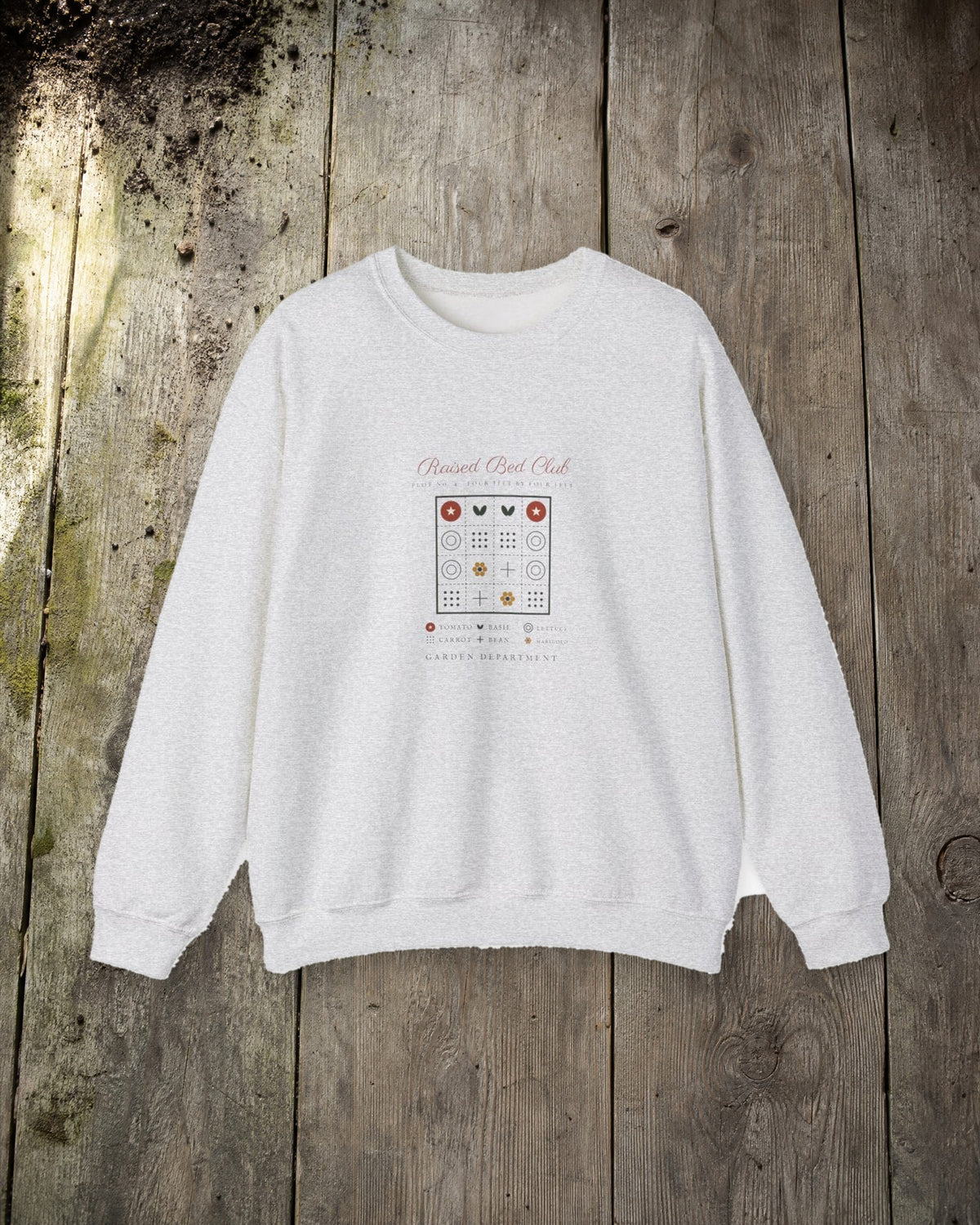 Raised Bed Club Crewneck in Ash, styled