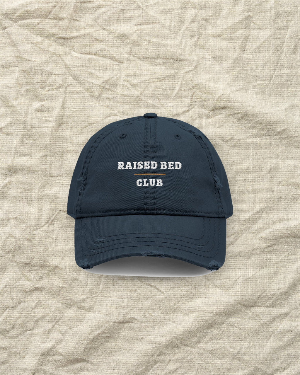 Raised Bed Club Dad Hat in Dark Navy, styled