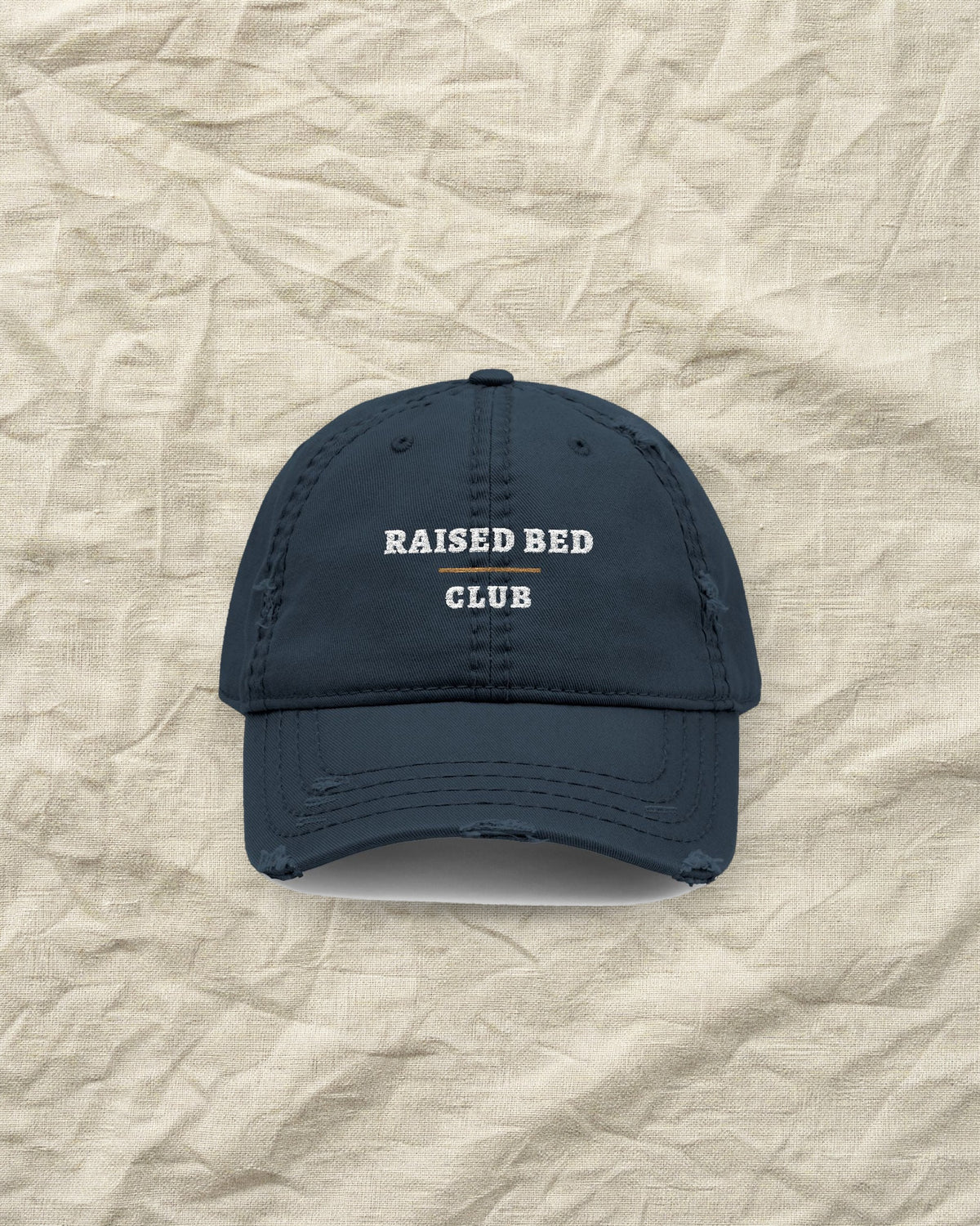 Raised Bed Club Dad Hat in Dark Navy, styled