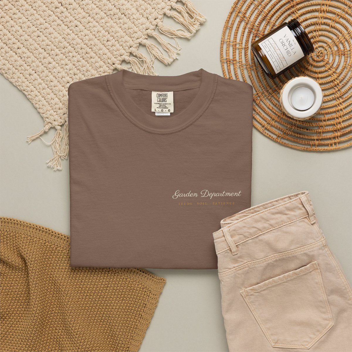 Garden Department Script Tee in Espresso, fabric and print detail