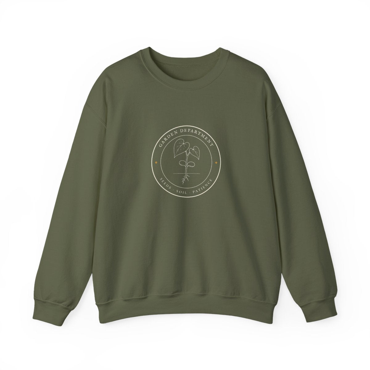 Garden Department Seal Crewneck in Military Green, front view