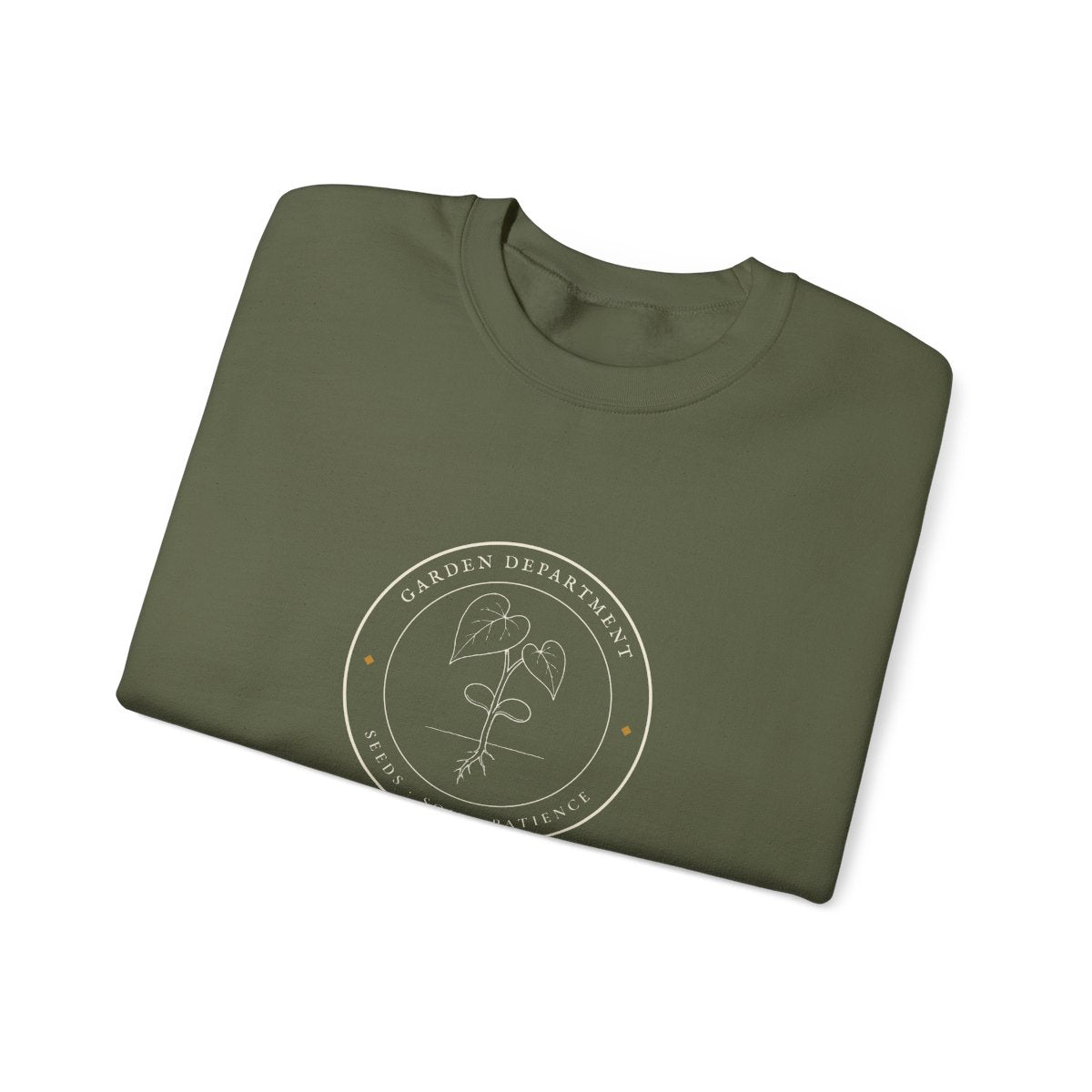 Garden Department Seal Crewneck in Military Green, folded