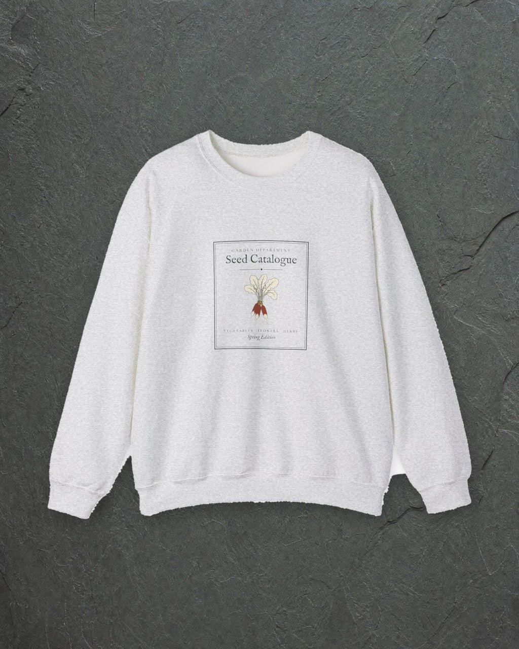 Seed Catalogue Crewneck in Ash, styled