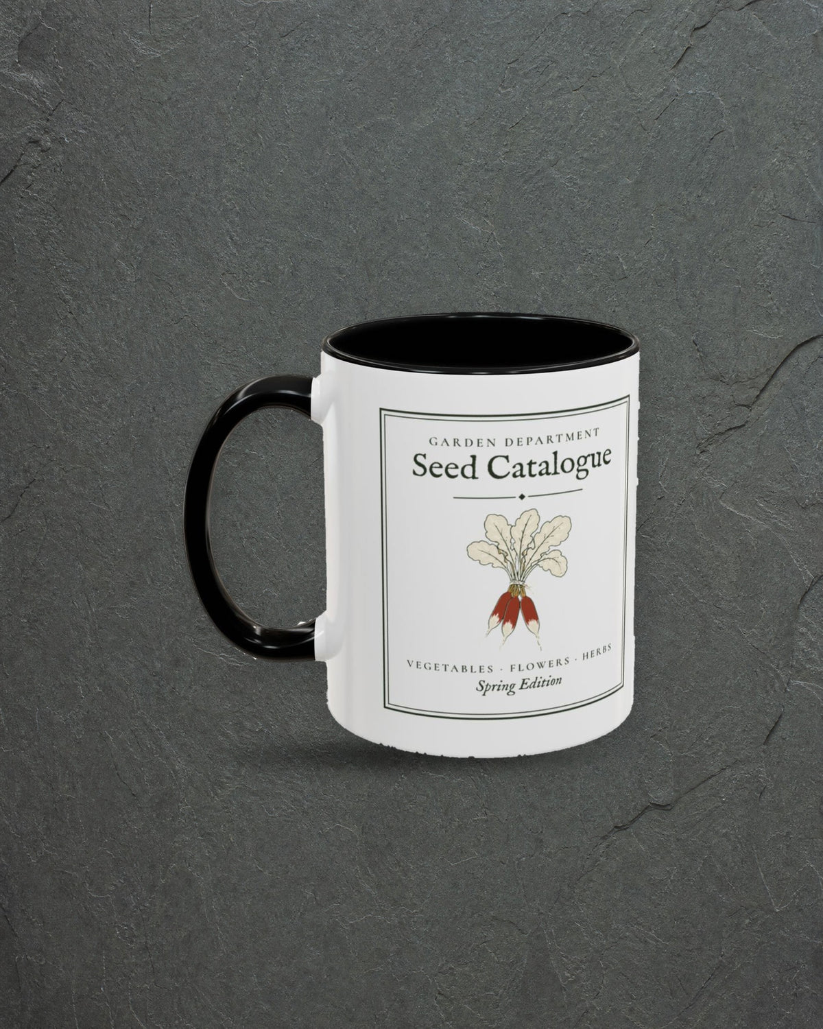 Seed Catalogue Mug in Black, styled