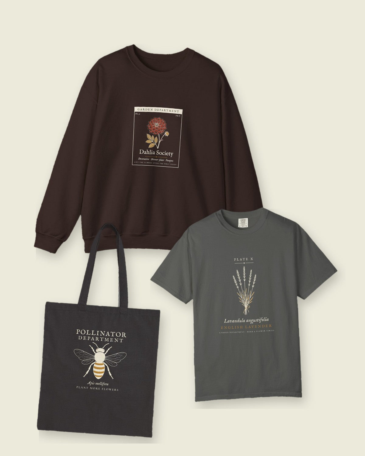Garden Department collection: Dahlia Society Crewneck in Dark Chocolate, Lavender Plate Tee in Pepper and Pollinator Department Tote in Black