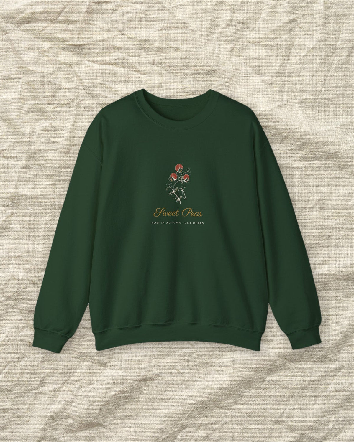 Sweet Peas Crewneck in Forest Green, styled