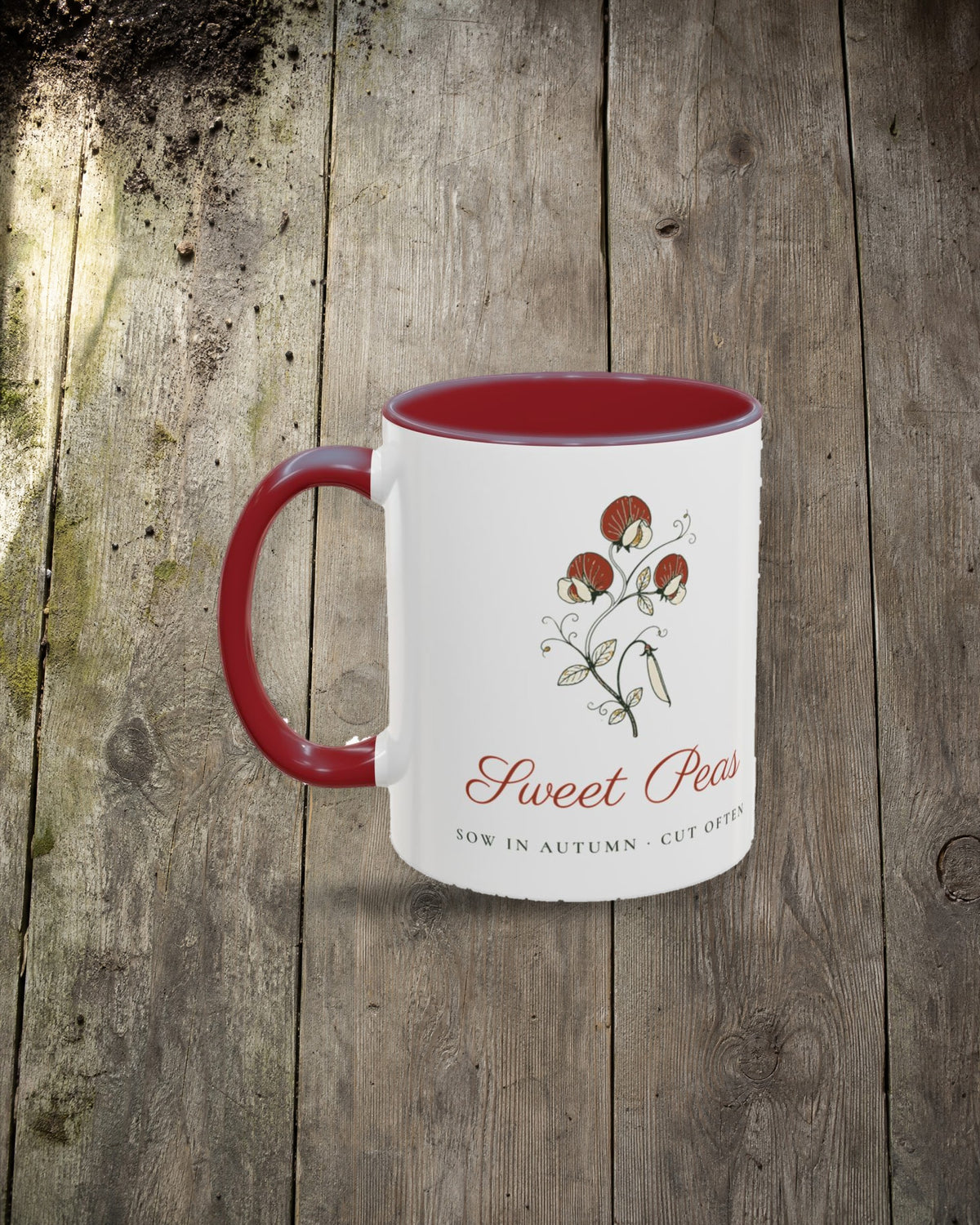 Sweet Peas Mug in Maroon, styled