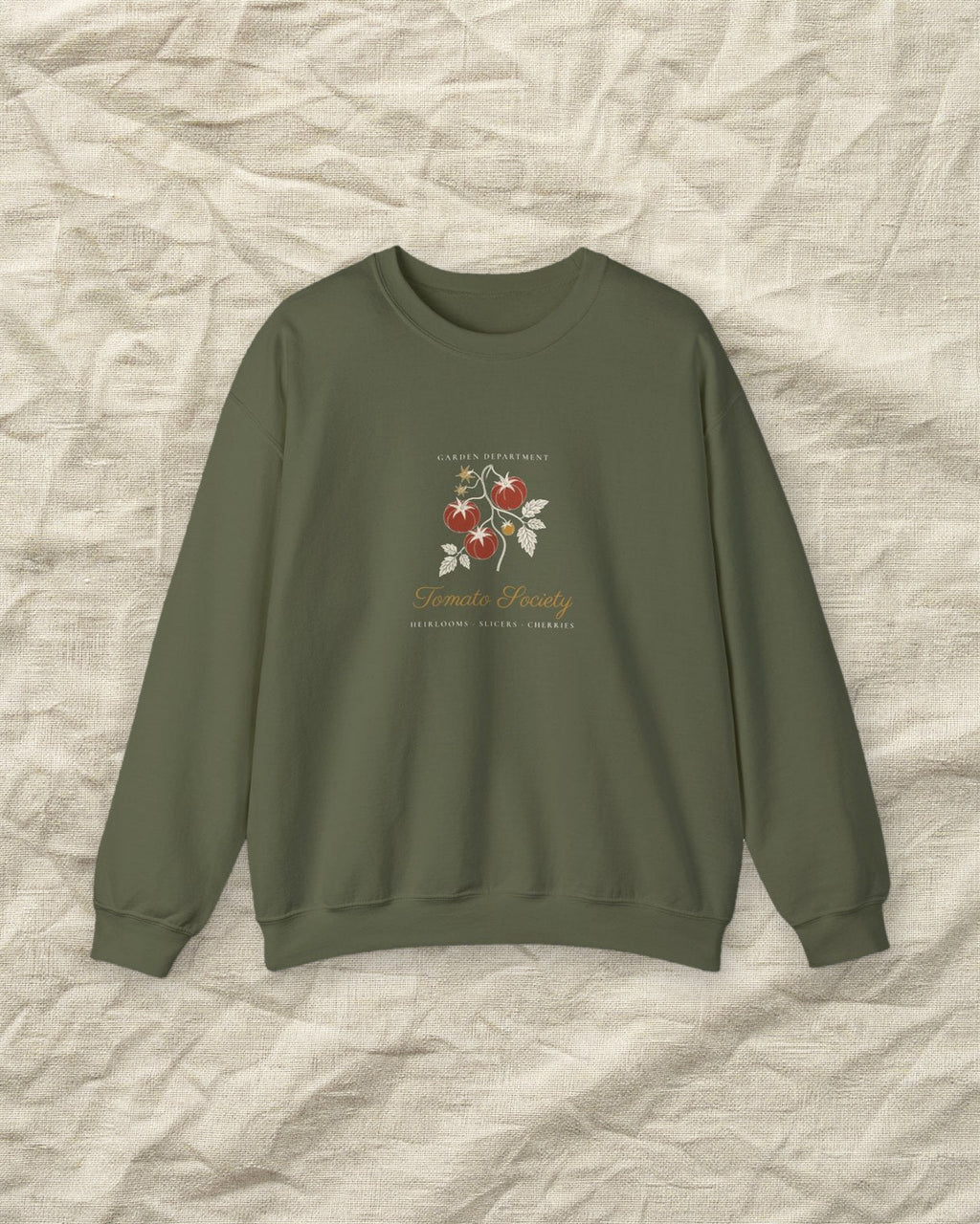 Tomato Society Crewneck in Military Green, styled
