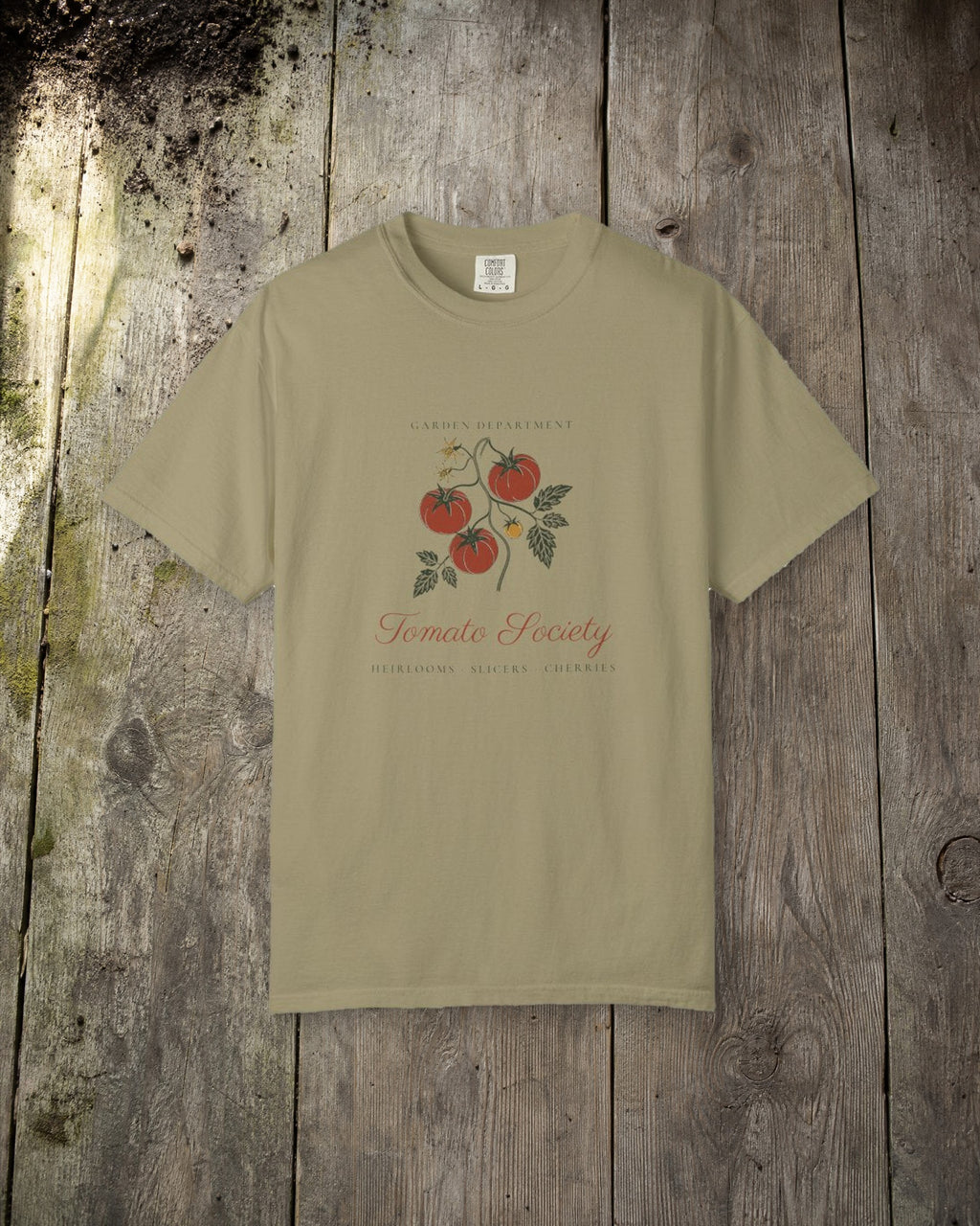 Tomato Society Tee in Khaki, styled