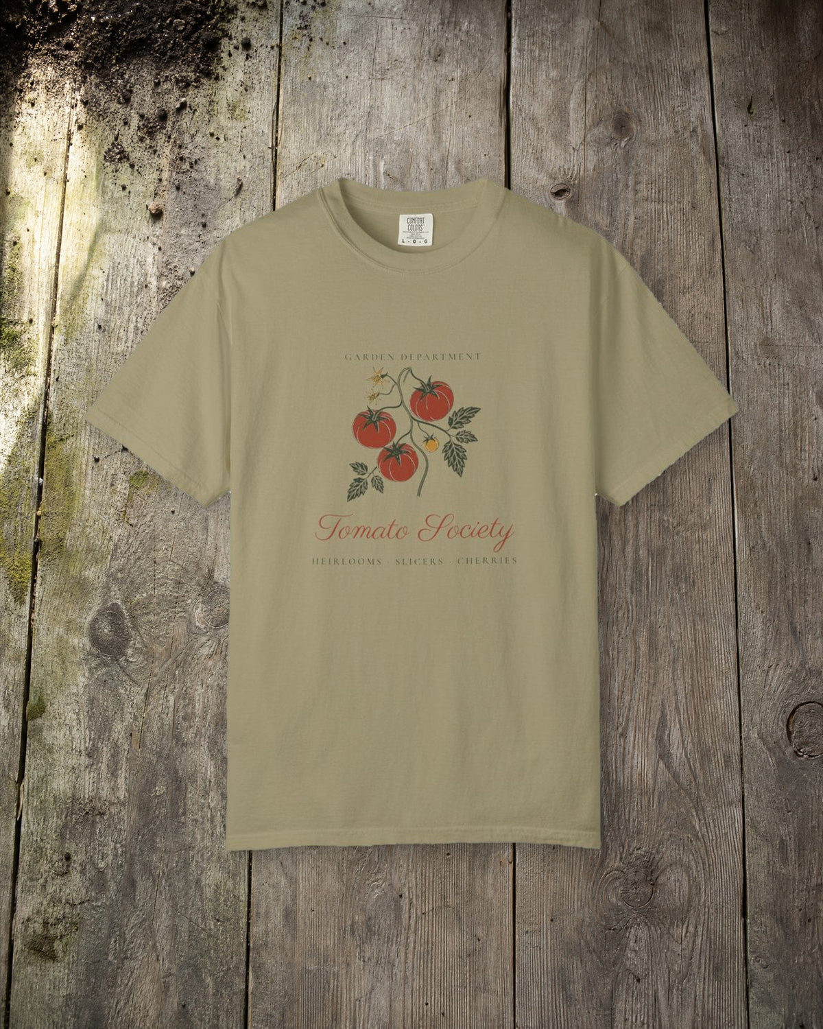 Tomato Society Tee in Khaki, styled