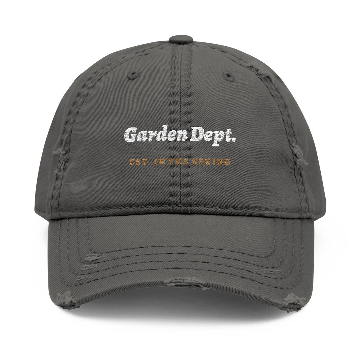 Garden Dept. Script Dad Hat in Charcoal Grey, front view