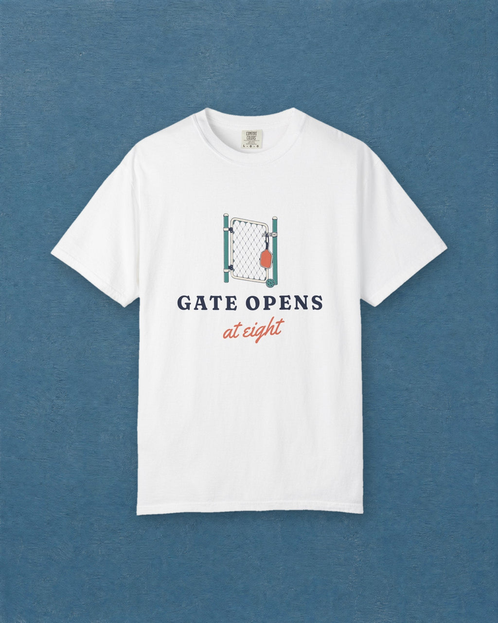 Gate Opens at Eight Tee in White, styled