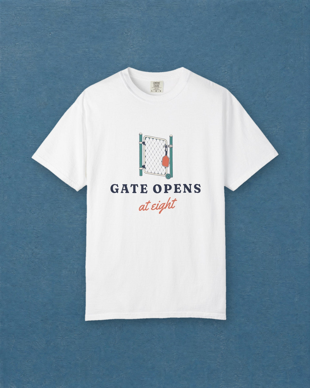 Gate Opens at Eight Tee in White, styled