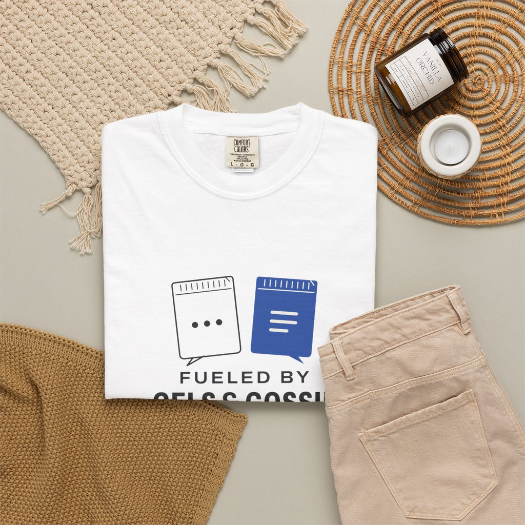 Gels & Gossip Tee in White, fabric and print detail