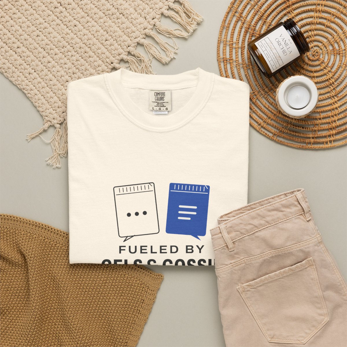 Gels & Gossip Tee in Ivory, fabric and print detail