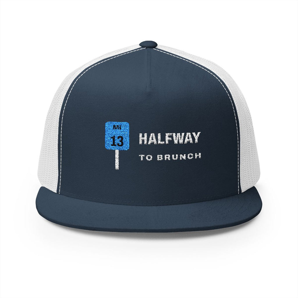 Halfway to Brunch Trucker Cap in Navy/White, front view
