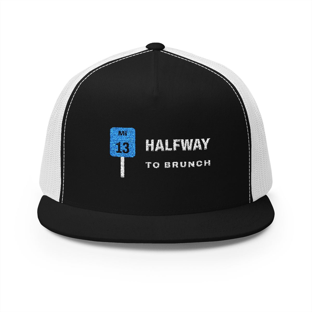 Halfway to Brunch Trucker Cap in Black/White, front view