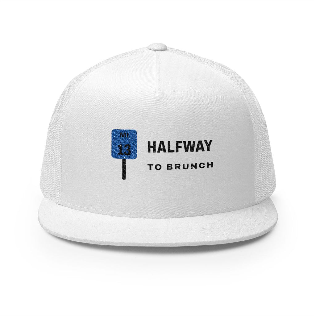 Halfway to Brunch Trucker Cap in White, front view