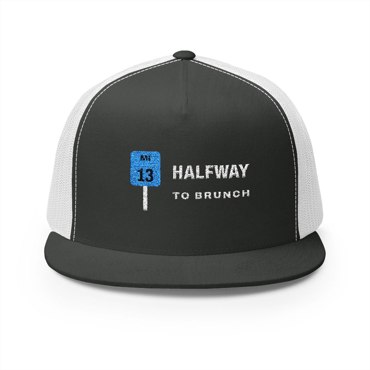 Halfway to Brunch Trucker Cap in Charcoal/White, front view