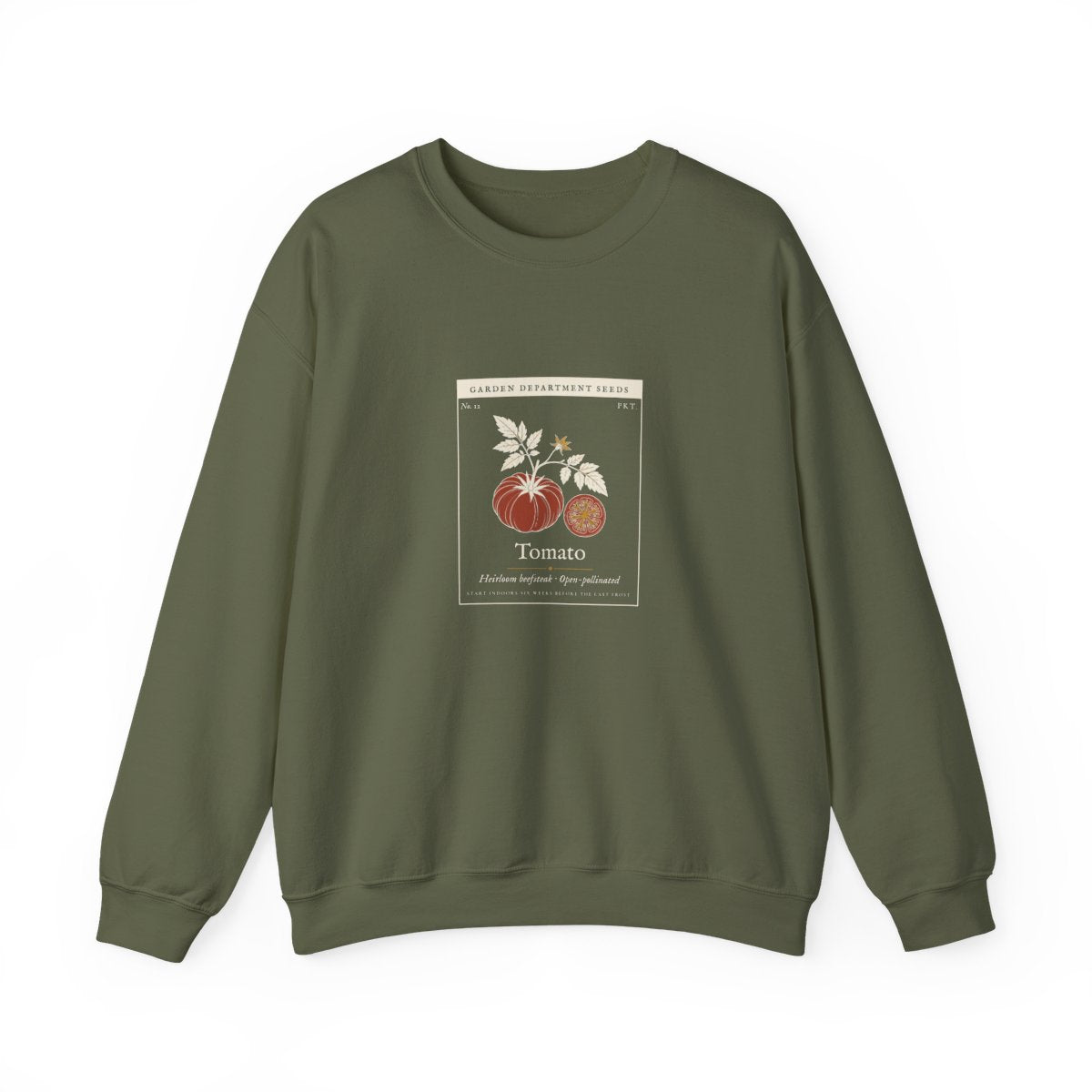 Heirloom Tomato Crewneck in Military Green, front view