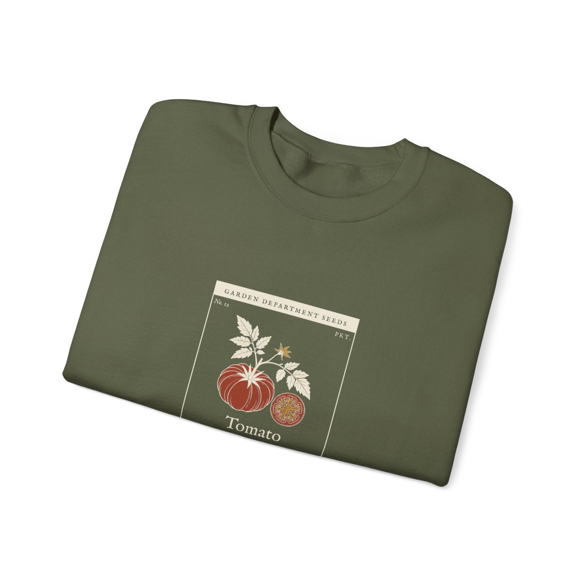 Heirloom Tomato Crewneck in Military Green, folded