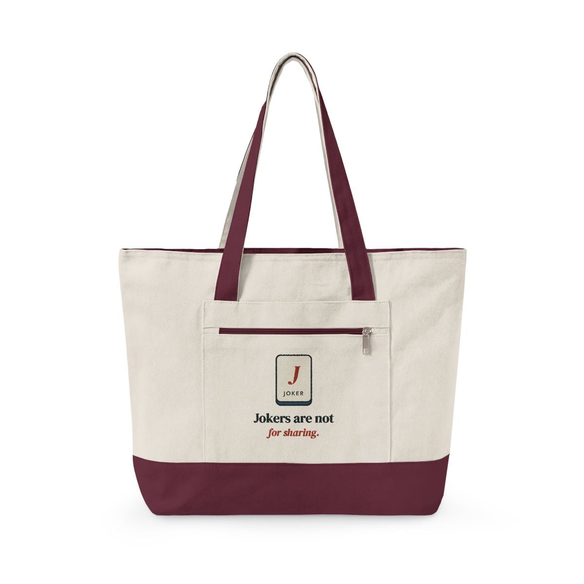 Jokers Are Not for Sharing Mahj Bag in Natural/Maroon, front view