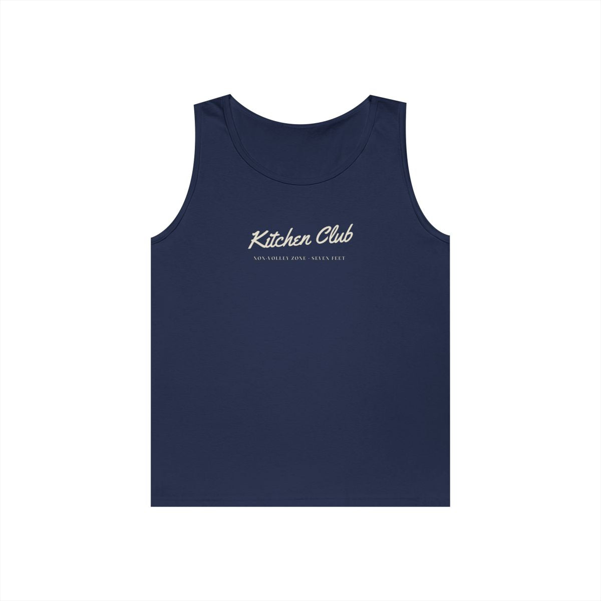 Kitchen Club Script Tank in Navy, front view