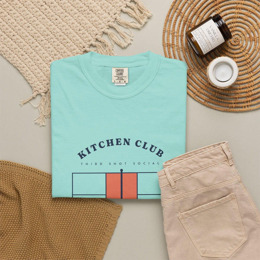 Kitchen Club Tee in Chalky Mint, fabric and print detail