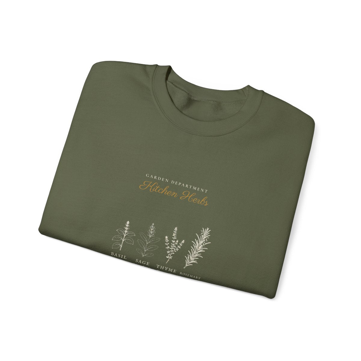 Kitchen Herbs Crewneck in Military Green, folded