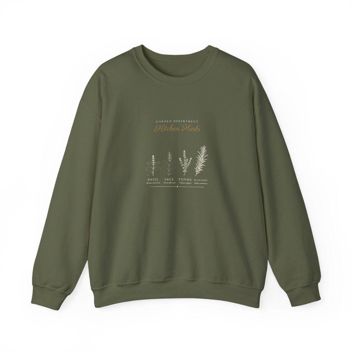 Kitchen Herbs Crewneck in Military Green, front view